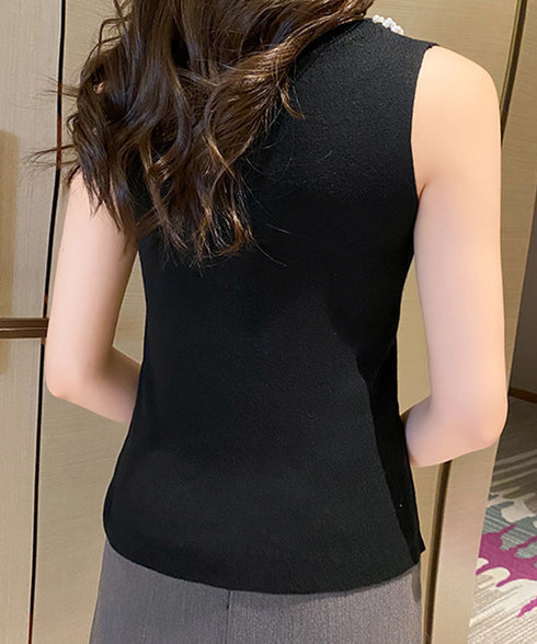 パール付きトップスノースリーブニット夏服 袖なしサマーニットレディース インナートップスきれいめ プルオーバーニットシンプルおしゃれ オフィスカジュアル トップス 2XIAOLL-001